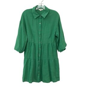 Umgee Tiered Kelly Green Small Womens Shirt Dress Summer Balloon Sleeves